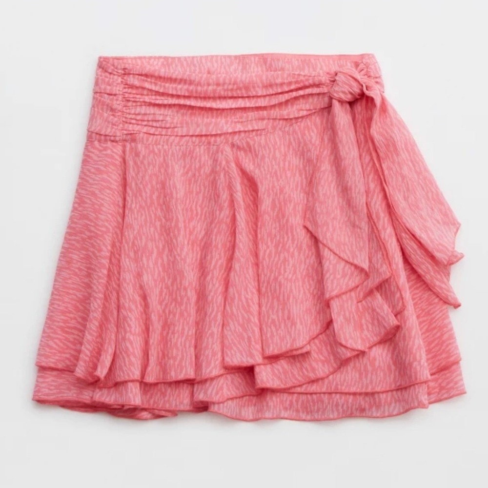 Aerie Chiffon Wrap Skirt Womens Size Large Mini Pink Ruffle Tiered Coquette